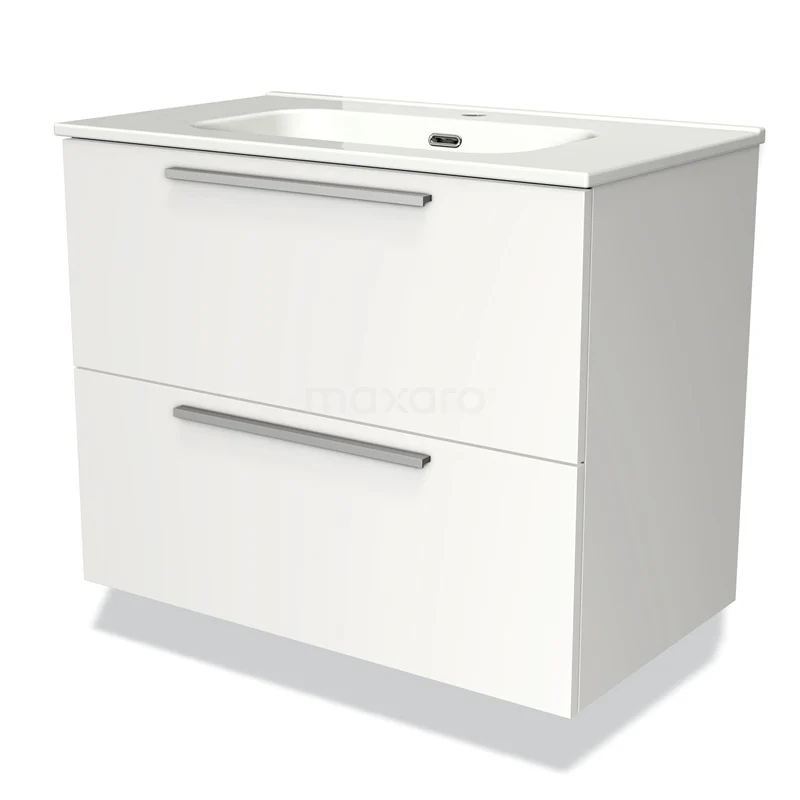 Badmöbel 80cm Modulo Matt Weiß 2 Schubladen Flaches Waschbecken aus Keramik BMW17-01405 Weißes Holz Badezimmermöbel mit zwei Schubladen, integriertem Waschbecken und modernen silbernen Haltegriffen.