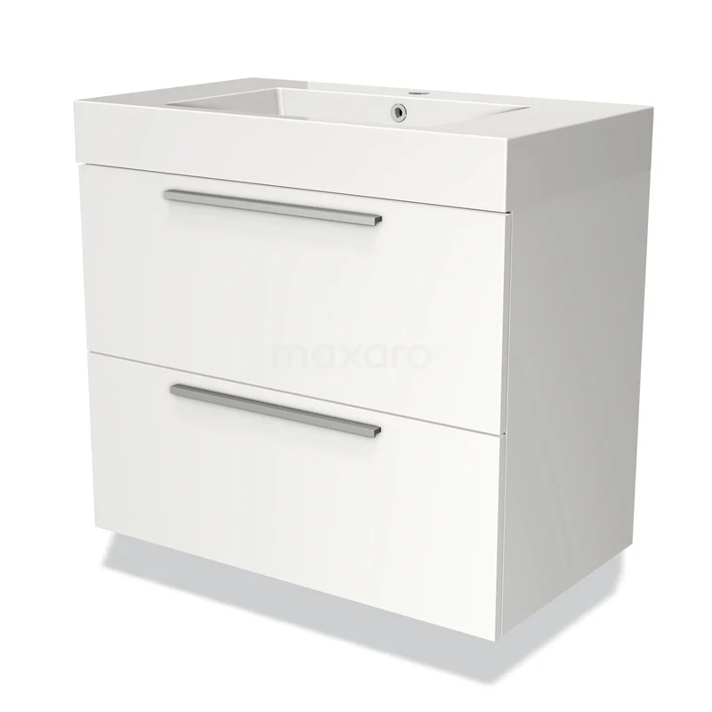 Modern wit badkamermeubel met twee ladegrepen, minimalistisch design en keramische wastafel, ideaal voor stijlvolle badkamers.