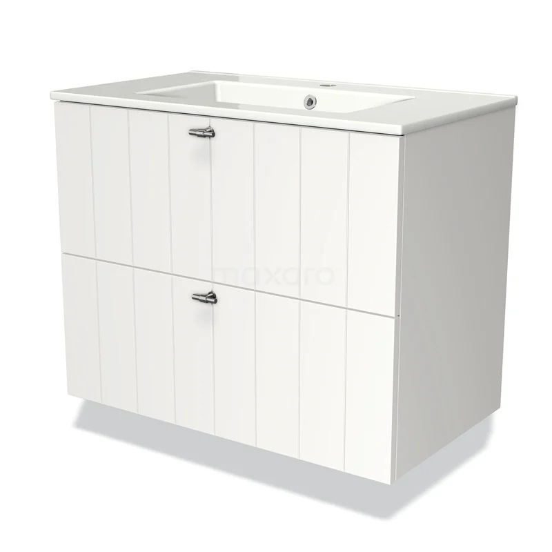Modulo Vanity units with basin | 80 cm Matte white Slat front Ceramic 2 Stacked drawers BMW17-01414