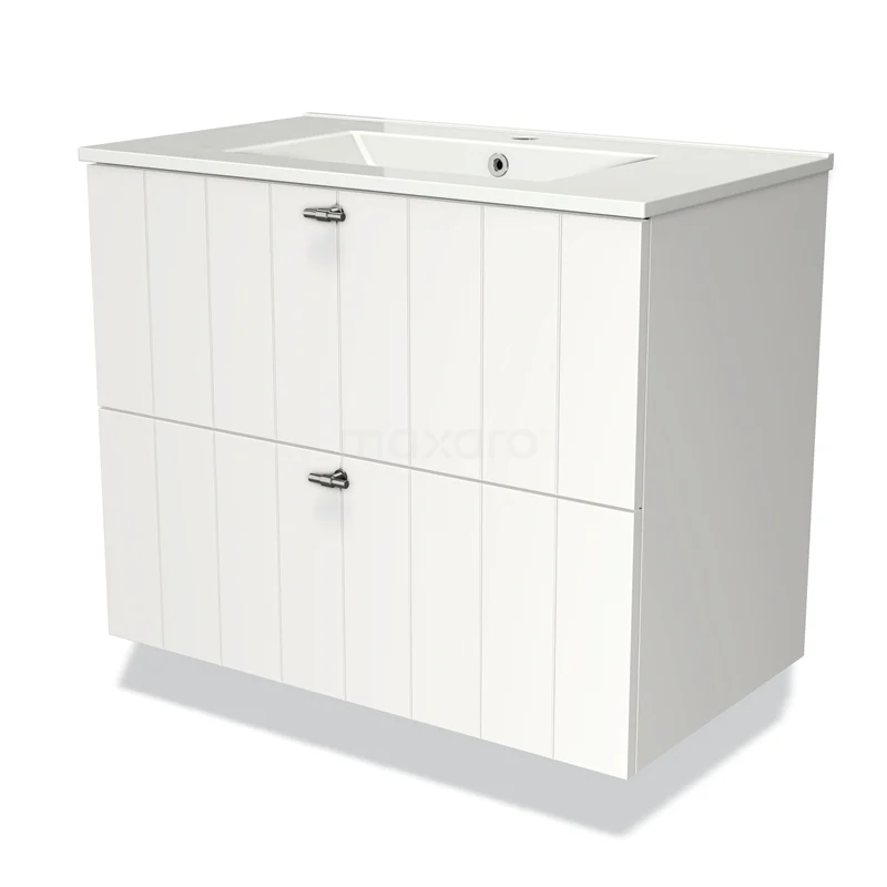 Modulo Vanity units with basin | 80 cm Matte white Slat front Ceramic 2 Stacked drawers BMW17-01416