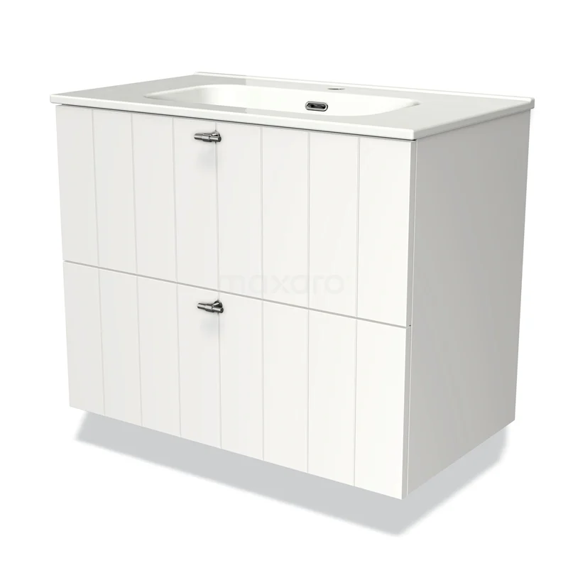 Modulo Vanity units with basin | 80 cm Matte white Slat front Ceramic 2 Stacked drawers BMW17-01417