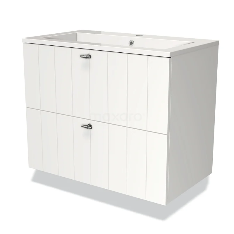 Badmöbel 80cm Modulo Matt Weiß 2 Schubladen Lattenrost Waschbecken Mineralguss BMW17-01423 Weißes Badezimmermöbel mit 2 grifflosen Schubladen, vertikalen Rillen und integriertem Waschbecken, modernes Design.