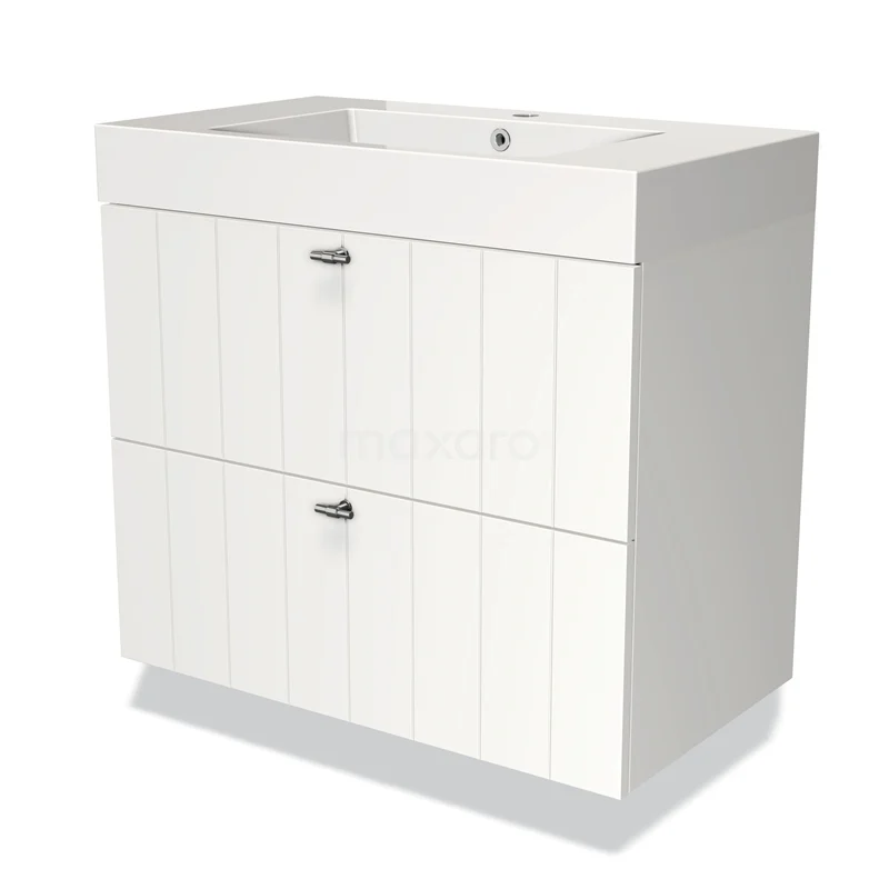 Badmöbel 80cm Modulo Matt Weiß 2 Schubladen Lattenrost Waschbecken Mineralguss BMW17-01424 Weißes Badezimmermöbel mit doppelten Schubladen, moderner Holzoberfläche und integriertem Waschbecken, ideal für kompakte Bäder.