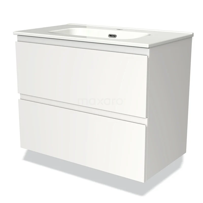 Wit badkamermeubel met wasbak, twee soft-close lades, strak design, ideaal voor moderne badkamerruimtes.