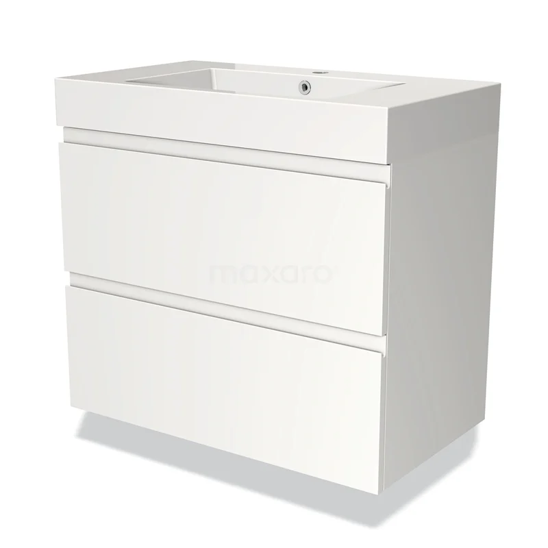 Badmöbel 80cm Modulo Matt Weiß 2 Schubladen Griffloses Waschbecken Mineralguss BMW17-01436 Weißes Badezimmermöbel mit modernen klaren Linien, zwei Schubladen und integriertem Waschbecken aus Keramik.