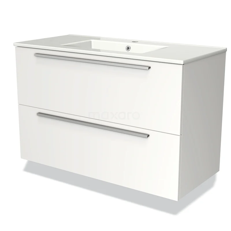 Badmöbel 100cm Modulo Matt Weiß 2 Schubladen Flaches Waschbecken aus Keramik BMW17-01438 Weißes Badezimmermöbel mit zwei Schubladen, integriertem Waschbecken und modernen verchromten Haltegriffen, ideal für einen klaren Badezimmerstil.