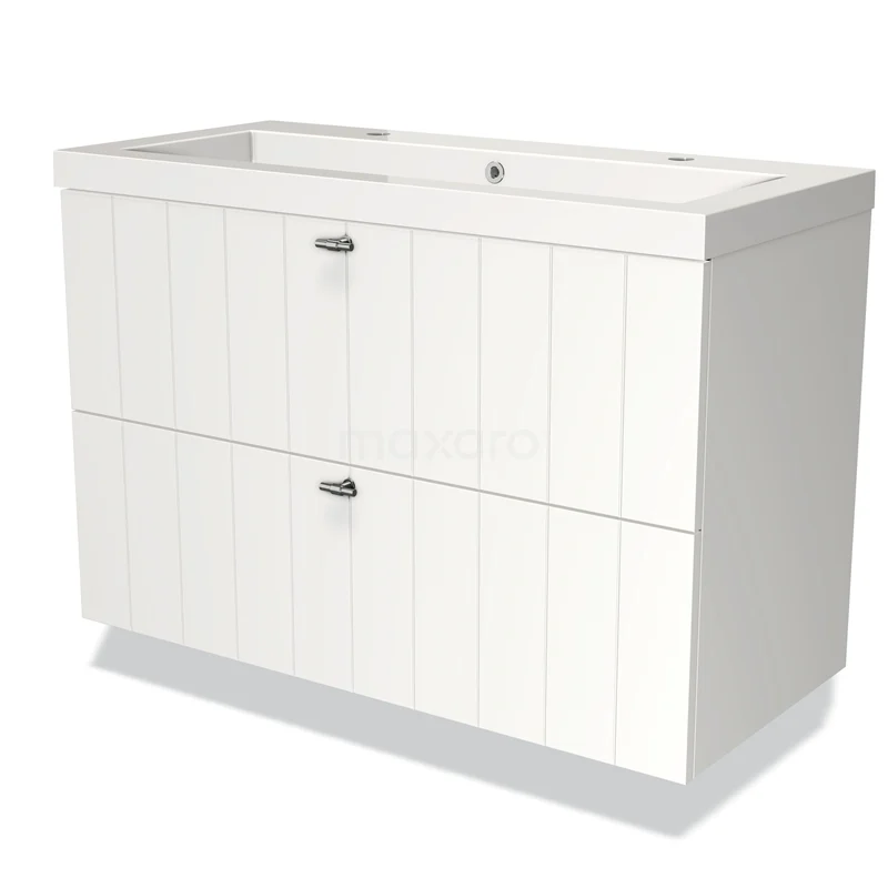 Wit houten badkamermeubel met twee lades en een kraangat, landelijke stijl, ideaal voor stijlvolle badkameropslag.