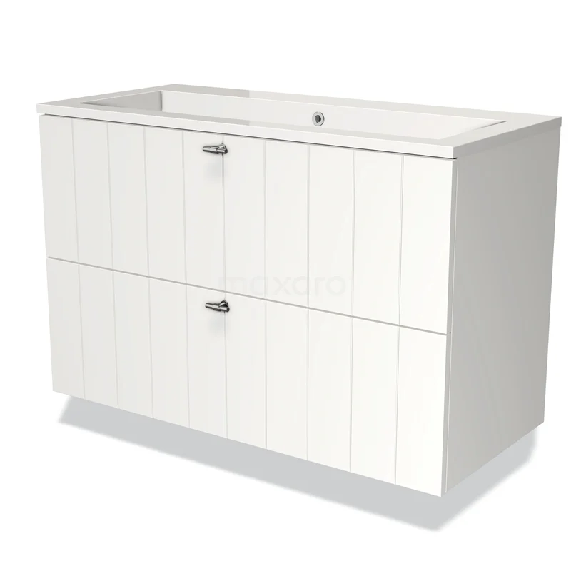 Witte badkamermeubel met twee lades, verticale lijnen design, keramische wastafel en chromen handgrepen voor een moderne uitstraling.