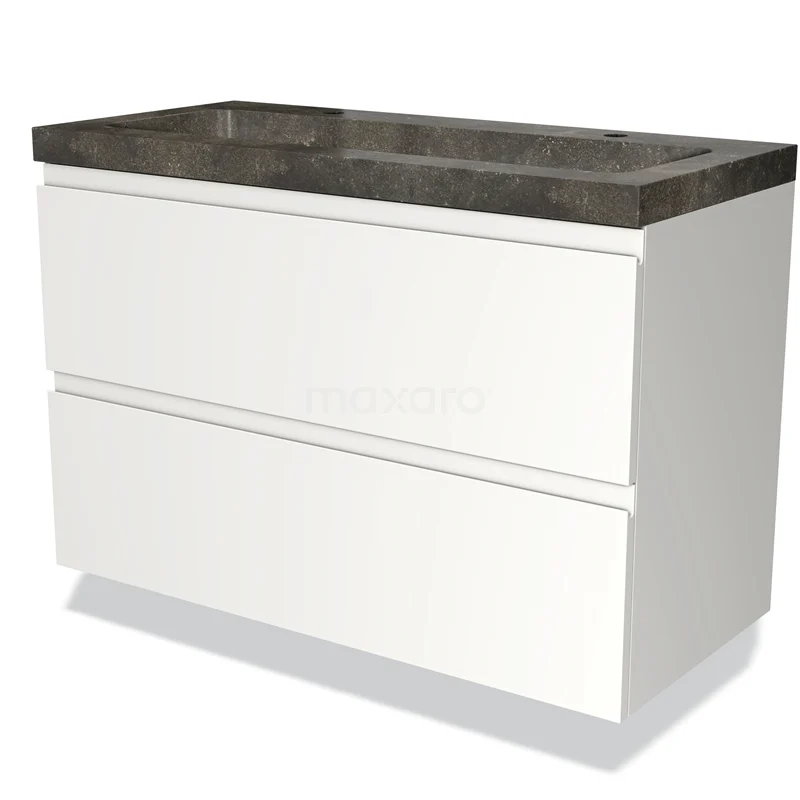 Badmöbel 100cm Modulo Matt Weiß 2 Schubladen Griffloses Waschbecken Naturstein Blaustein BMW17-01473 Weißes Badezimmermöbel mit zwei Schubladen und einer anthrazitfarbenen Waschtischplatte, modernes Design.