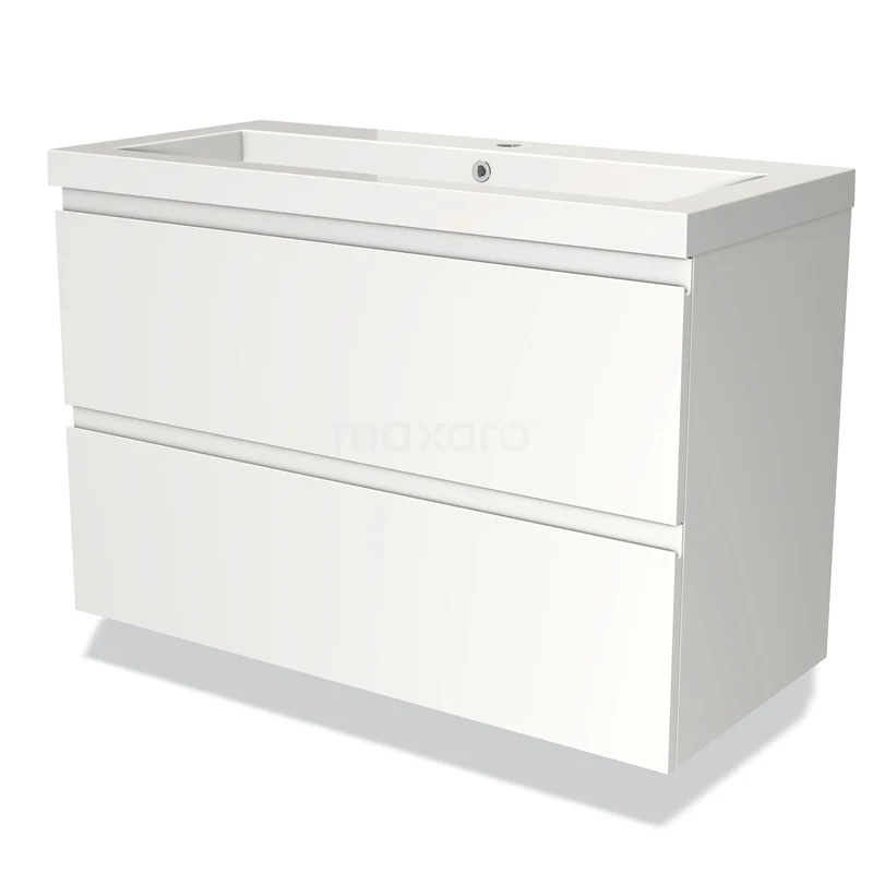 Badmöbel 100cm Modulo Matt Weiß 2 Schubladen Griffloses Waschbecken Mineralguss BMW17-01476 Weißer Badschrank mit zwei Schubladen, modernes Design, aus hochwertigem Material gefertigt, ideal für effiziente Badezimmerlagerung.