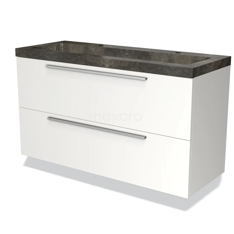 White bathroom unit with double drawers, black marble worktop and silver handles, modern design look.