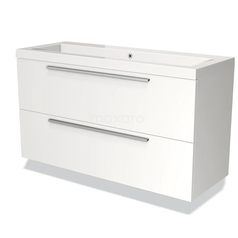 White bathroom unit with two drawers, sleek silver handles, modern style, ideal for any bathroom decor.