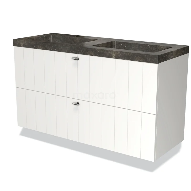 Modulo Bathroom furniture with sink | 120 cm Matte white Slat front Natural stone 2 Stacked drawers BMW17-01521 White bathroom unit with two drawers, black marble vanity units with basin and sleek finish, ideal for a modern bathroom style.