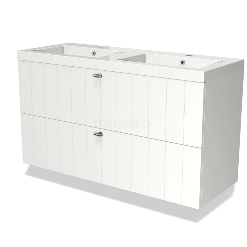 Modulo Bathroom furniture with sink | 120 cm Matte white Slat front Mineral marble 2 Stacked drawers BMW17-01524 White double basin base cabinet, wood look with double drawers, perfect for modern bathroom storage.