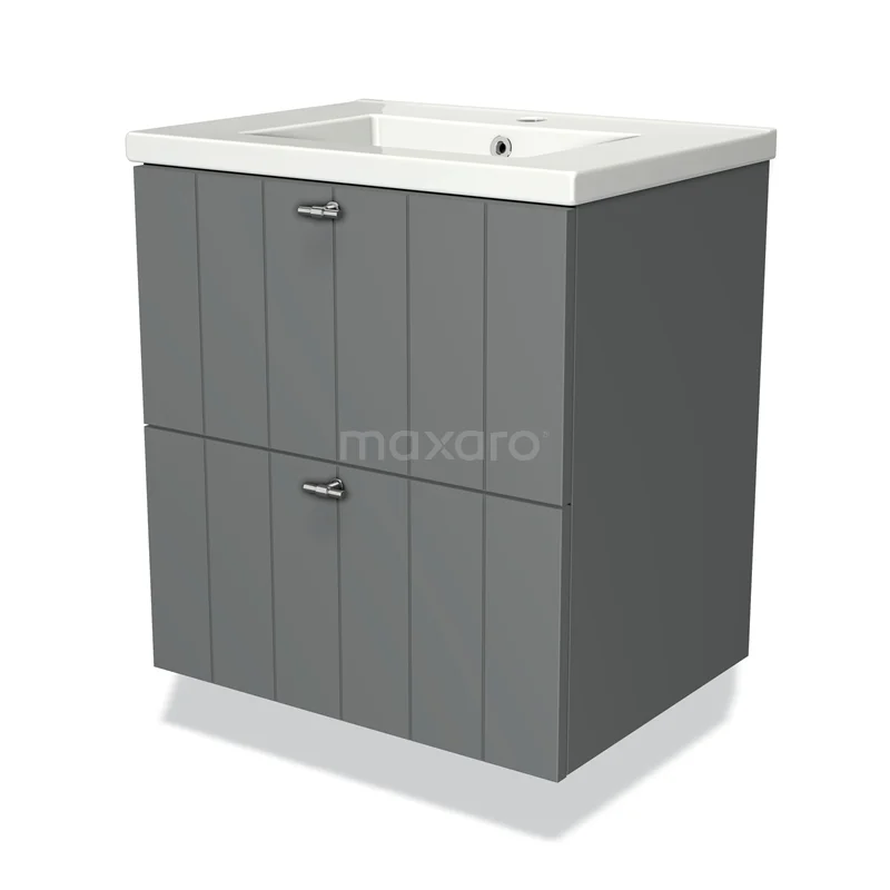 Grey bathroom furniture set with wood grain design, ceramic Basin and two drawers, ideal for modern bathroom design.
