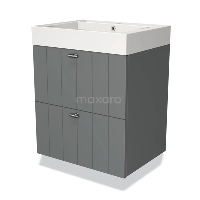 Grijs badkamermeubel met witte wastafel, twee greeploze lades en moderne lijnen in duurzame houtlook.