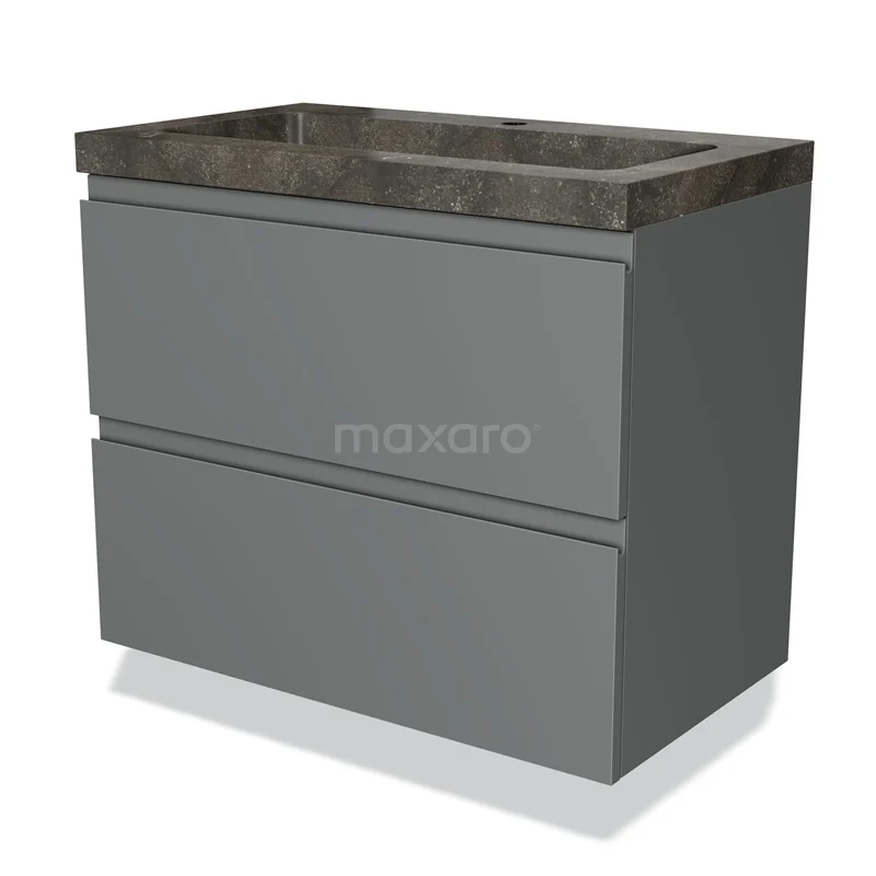 Grijze zwevende wastafelonderkast met dubbele lade en antraciet steenlook wastafel, ideaal voor moderne badkamers.