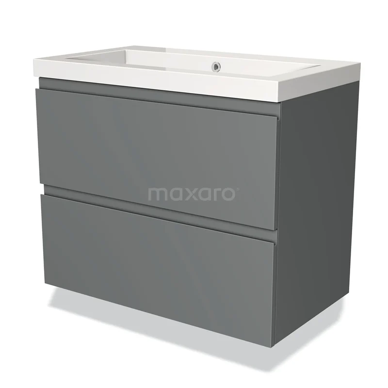 Grijze, rechthoekige badkamerkast met twee lades en witte wastafel; modern design, ideaal voor een stijlvolle badkamer.