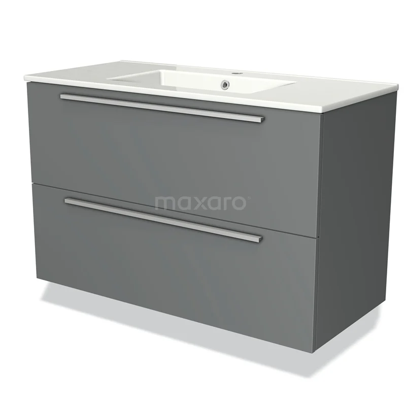 Grijze badkamermeubel met dubbele lades en witte wastafel, strak design, ideaal voor moderne badkamers.