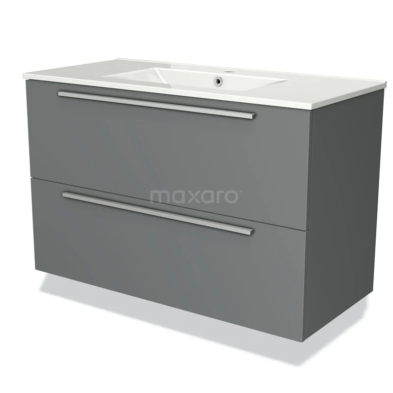 Grijze badkamerkast met twee lades en een witte wastafel, strak design, ideaal voor moderne badkamers.
