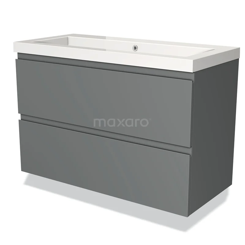 Grijze badkamermeubelset met strakke lades, moderne wastafel en minimalistisch design, ideaal voor een stijlvolle badkamer.