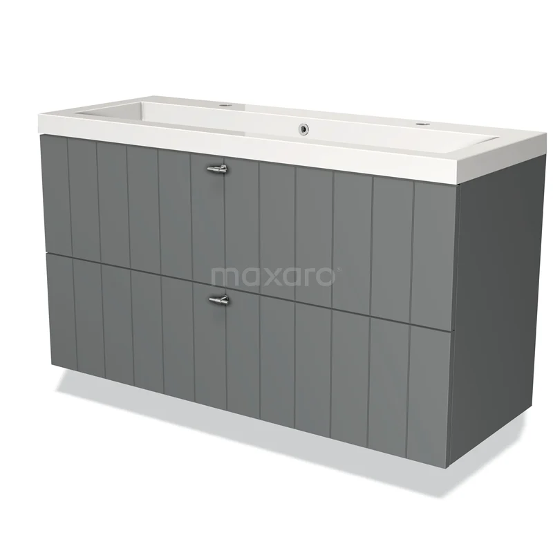 Grey bathroom furniture set with two drawers, vertical lines and integrated ceramic basin, timeless design.