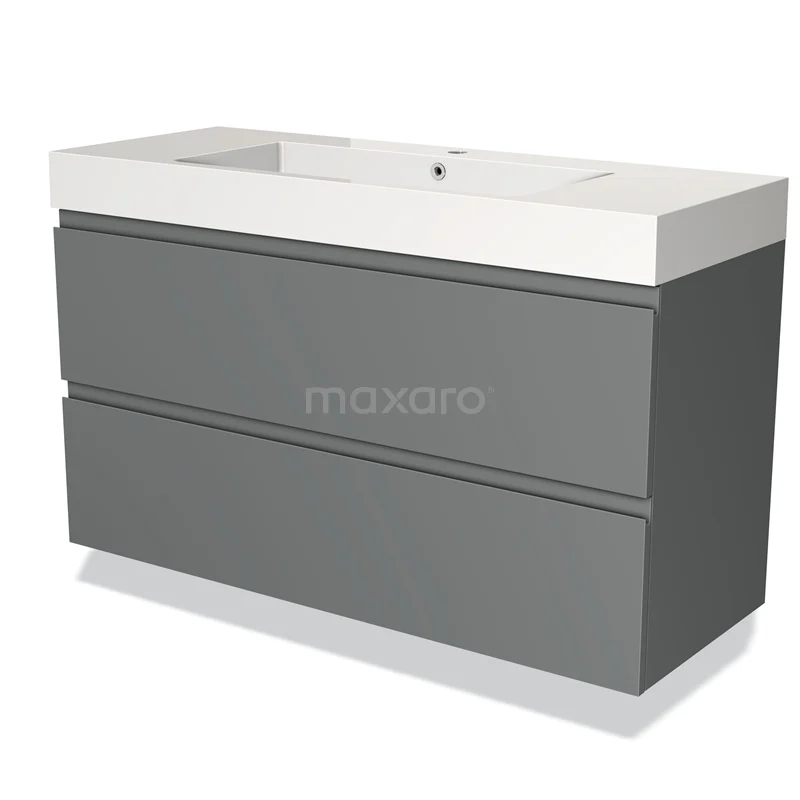 Grijze badkamermeubelset met twee lades, strak design, keramische wastafel en minimalistische uitstraling.