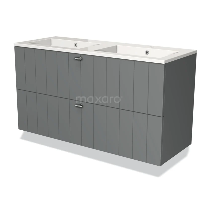 Badmöbel 120cm Modulo Mittelgrau 2 Schubladen Lattenrost Waschbecken Mineralguss BMW17-01696 Graue Doppelwaschbeckenunterschrank mit vertikalen Paneelen, keramischen Waschbecken und modernem Badezimmerstil.