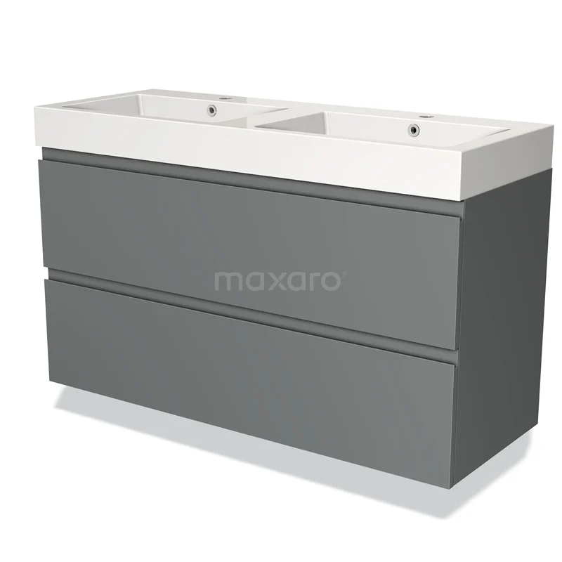 Grijze badkamermeubelset met dubbele wasbak, strak design, en twee ruime lades voor optimale opbergruimte.