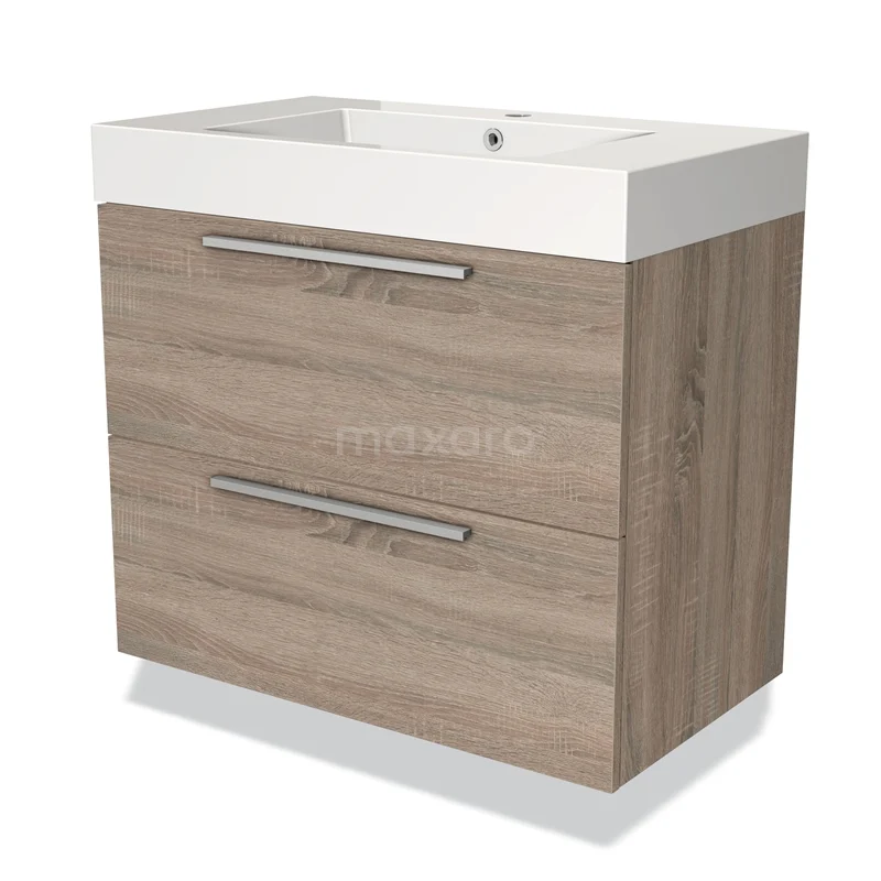 Houten badmeubel met twee lades, moderne wasbak, roestvrijstalen handgrepen en een strak design, perfect voor elke badkamer.