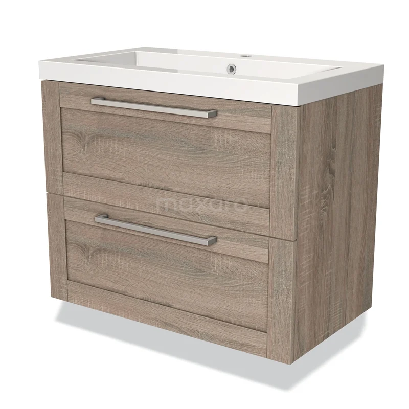 Modulo Waschtische | 80 cm Eiche Rahmen front Mineralguss 2 übereinanderliegende Schubladen BMW17-01753 Holz Badezimmermöbel mit zwei Schubladen, natürliche Eiche Farbe, einschließlich weißem Waschbecken und metallischen Haltegriffen.