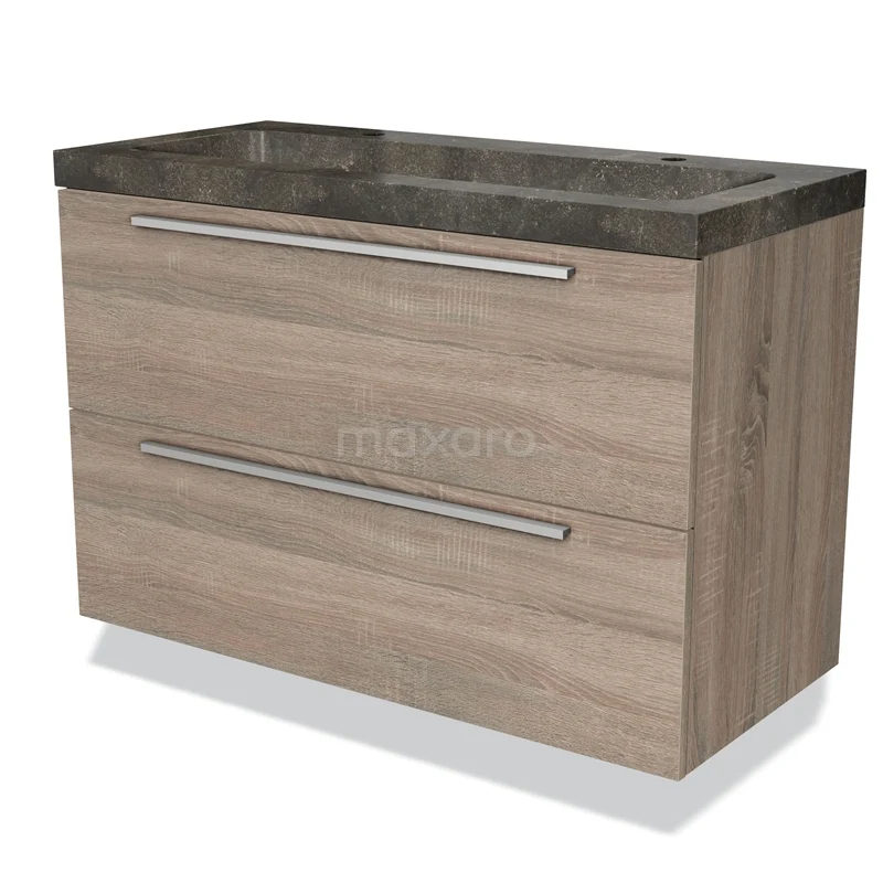 Badmöbel 100cm Modulo Eiche 2 Schubladen Flaches Waschbecken Naturstein Blaustein BMW17-01762 Holz Badezimmermöbel mit zwei Schubladen, Naturstein Waschbecken, moderne Ausstrahlung, ideal für eine stilvolle Badezimmergestaltung.