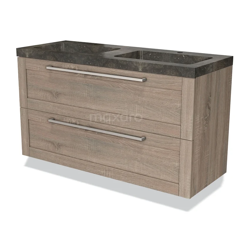 Houten badkamermeubel met donkergrijze stenen wastafel, 2 brede lades en moderne RVS grepen. Perfect voor stijlvolle badkamers.