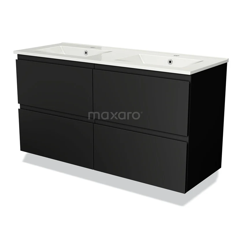 Zwarte dubbel wastafelmeubel met hoogglansafwerking en keramische wasbak, perfect voor een moderne badkamer inrichting.