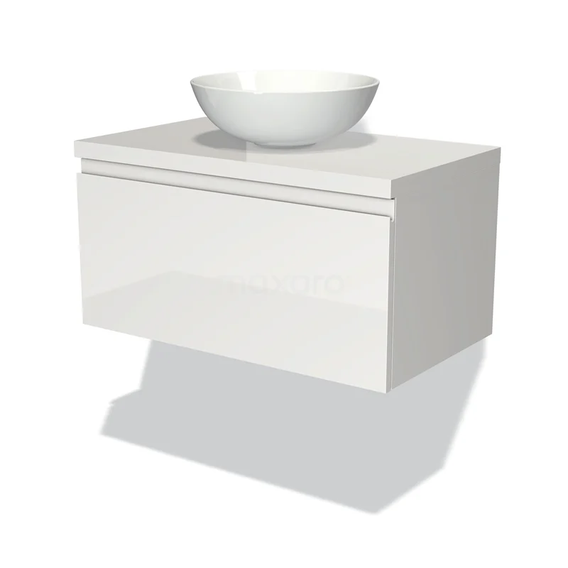 Waschtischunterschrank mit Konsole 80cm Modulo Plato Hochglanz Weiß 1 Schublade grifflos BMK11-00006 Weißes Wandmöbel mit glänzender Oberfläche und rundem Aufsatzwaschbecken, perfekt für ein modernes Badezimmer.