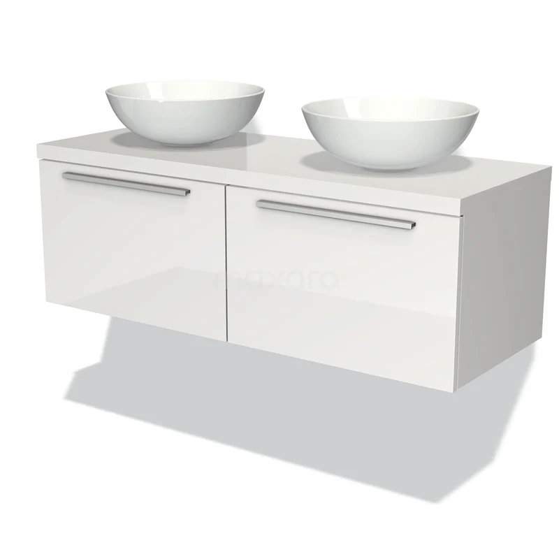 Waschtischunterschrank mit Konsole 120cm Modulo Plato Hochglanz Weiß 2 Schubladen Flach BMK12-00001 Weißes schwebendes Badezimmermöbel mit zwei runden Aufsatzwaschbecken, Hochglanzoberfläche und schlichten chromfarbenen Haltegriffen.