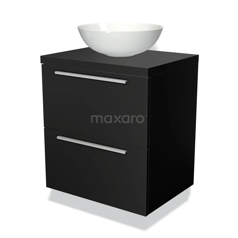 Zwart badkamermeubel met witte komvormige wasbak, modern design, twee ladegrepen en elegante afwerking voor stijlvolle badkamers.
