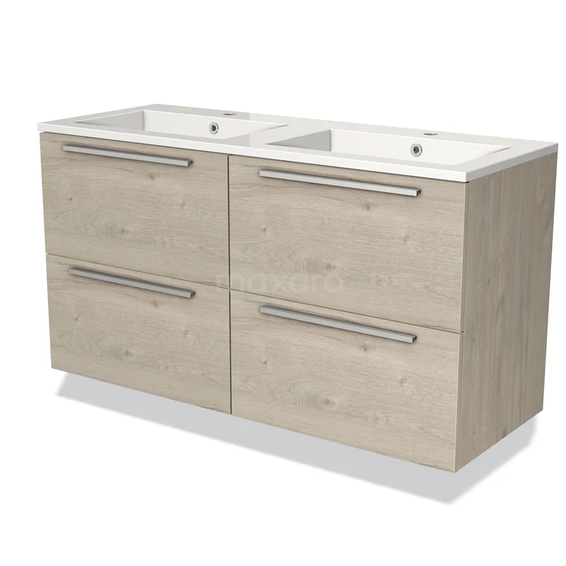Modulo Bathroom furniture with sink | 120 cm Light grey oak Flat front Mineral marble 4 drawers BMW18-00118 Double vanity unit, light oak, modern style with four drawers and metal handles, perfect for a stylish bathroom.