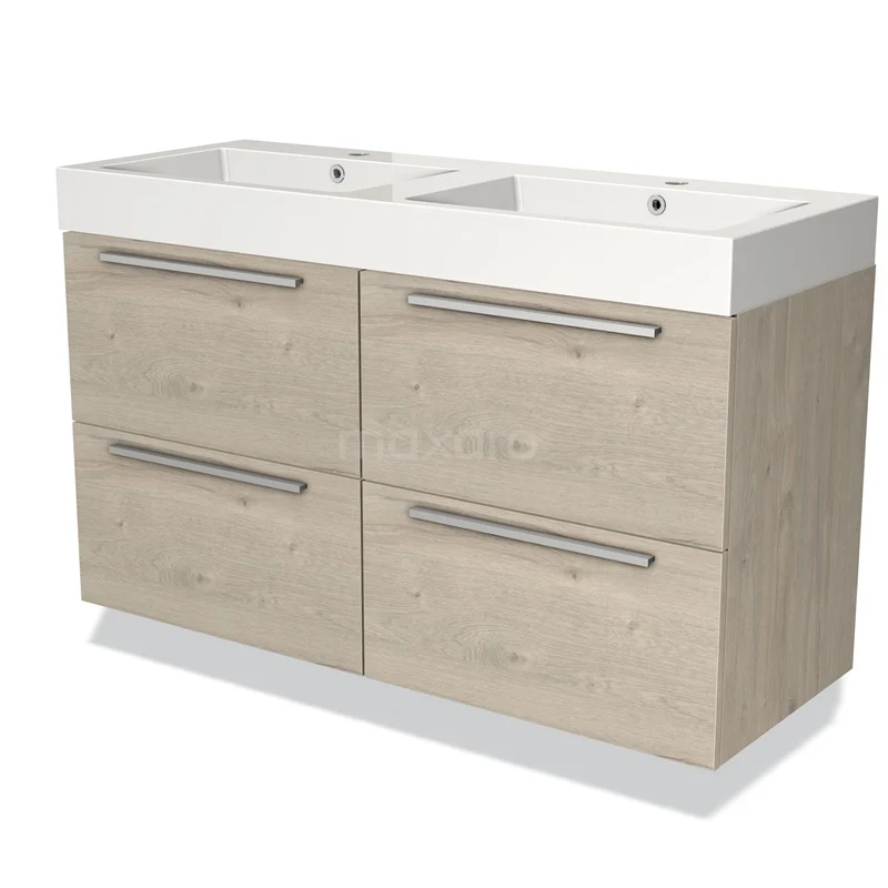 Modern badkamermeubel houtlook met dubbele wastafel, vier lades en metalen handgrepen; strak design voor eigentijdse badkamers.