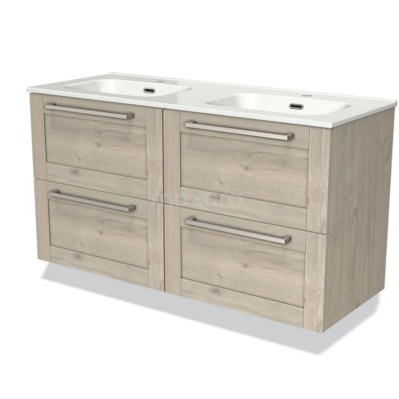 Badmöbel 120cm Modulo Hellgraue Eiche 4-Schubladen-Rahmen Waschbecken aus Keramik BMW18-00124 Holz Badezimmermöbel mit Doppelwaschbecken, vier Schubladen und modernem Design, ideal für stilvolle Badezimmerlagerung.