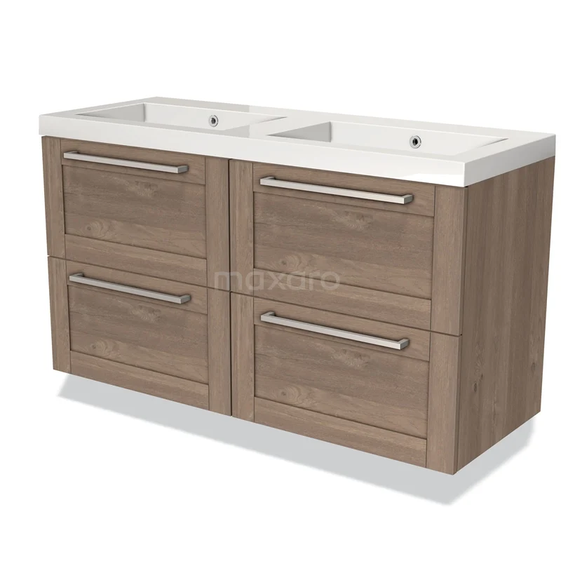 Houten badkamermeubel met dubbele wastafel, lade-indeling en moderne handgrepen, ideaal voor stijlvolle badkameropslag.