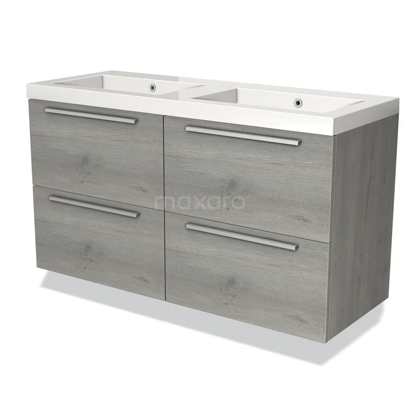 Grijze houten badkamermeubel met dubbele wastafel, vier lades en metalen handgrepen, ideaal voor een moderne badkamer.