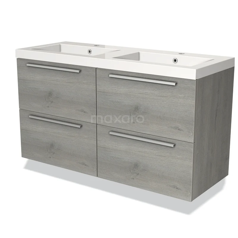 Dubbele wastafelmeubel grijs houtlook, met vier lades en strakke metalen handgrepen, ideaal voor modern badkamerdesign.