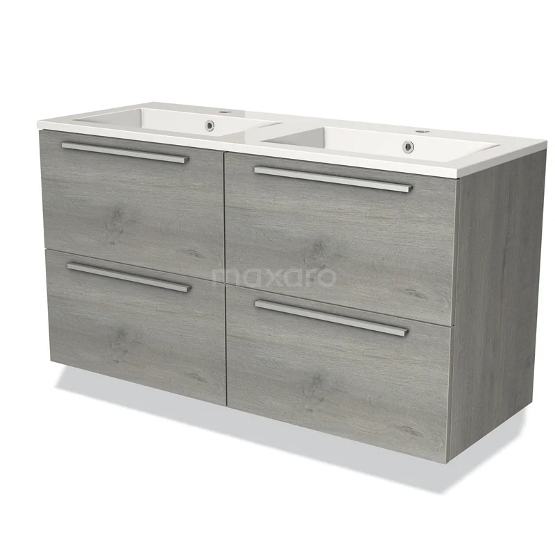 Houten badkamermeubel met dubbele wastafel, grijze eikenlook, vier lades en metalen grepen, ideaal voor moderne badkamers.