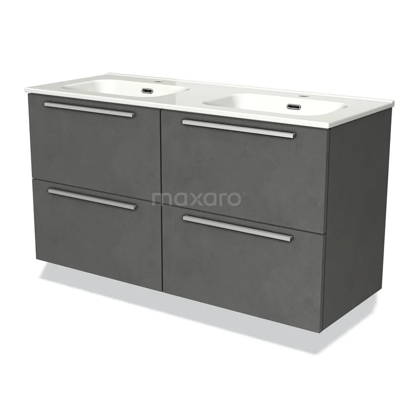 Modulo Bathroom furniture with sink | 120 cm Dark grey concrete Flat front Ceramic 4 drawers BMW18-00244 Dark grey vanity unit set with double basin, sleek design and metal handles, perfect for a modern bathroom style.