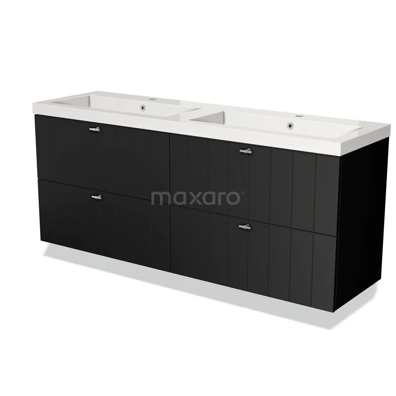 Badmöbel 160cm Modulo Matt Schwarz 4 Schubladen Lattenrost Waschbecken Mineralguss BMW18-00254 Schwarzer Doppelwaschbeckenunterbau mit weißer Keramikplatte, modernes Design, ideal für eine schlichte Badezimmergestaltung.