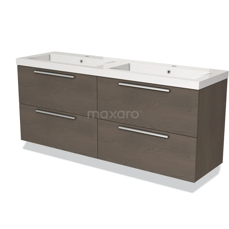 Dubbele wastafelmeubel in houtlook, modern design met witte keramische waskommen; ideaal voor stijlvolle badkamerinrichting.