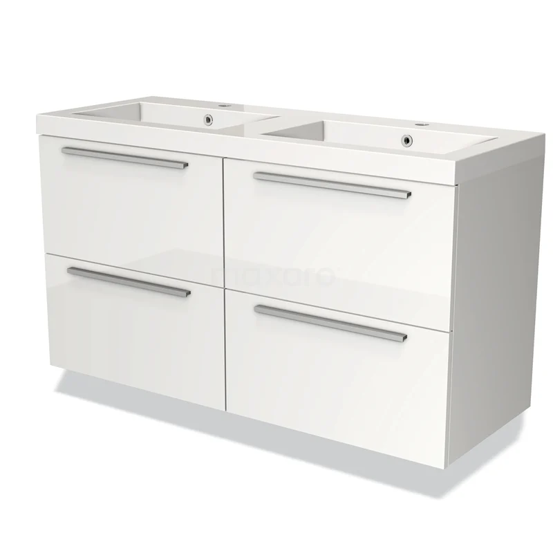 Modulo Bathroom furniture with sink | 120 cm High-gloss white Flat front Mineral marble 4 drawers BMW18-00282 White bathroom furniture set with double basin, four drawers and sleek design. Perfect for modern bathrooms.