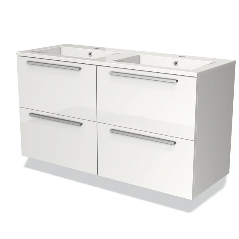 Modulo Bathroom furniture with sink | 120 cm High-gloss white Flat front Mineral marble 4 drawers BMW18-00283 White lacquered double vanity unit with sleek handles, four drawers and modern bathroom style.