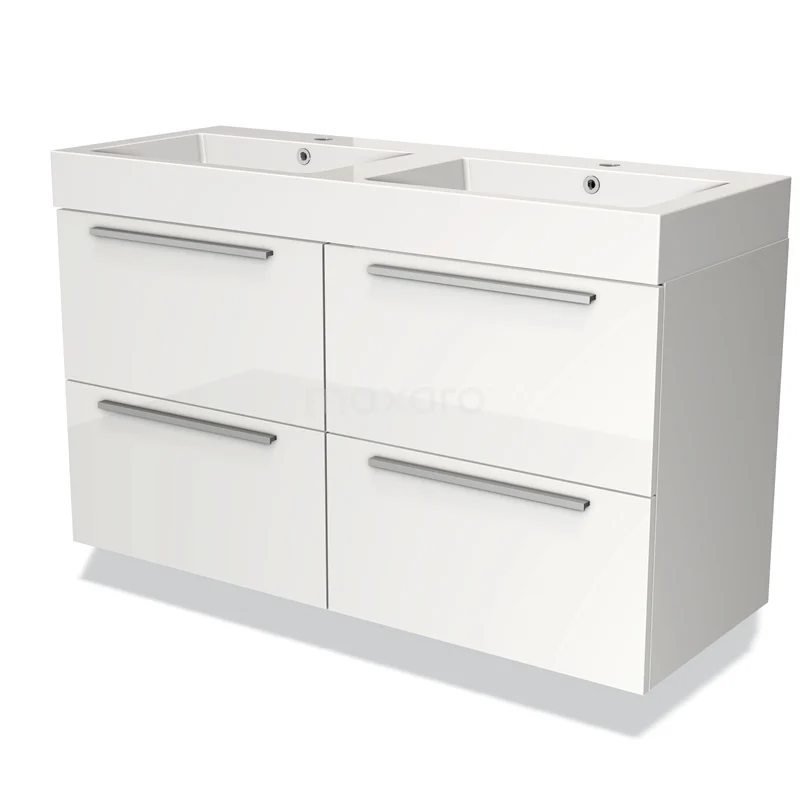 Witte badkamermeubel met dubbele wastafel, vier lades en metalen handgrepen, strak design voor moderne badkamer inrichting.